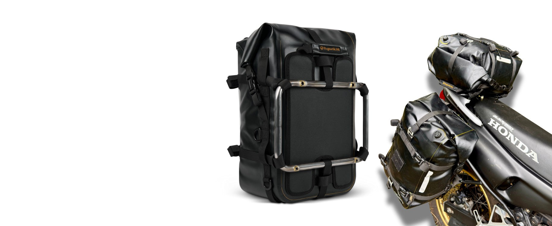 motorcycle luggage mounted on pannier rack and rear rack