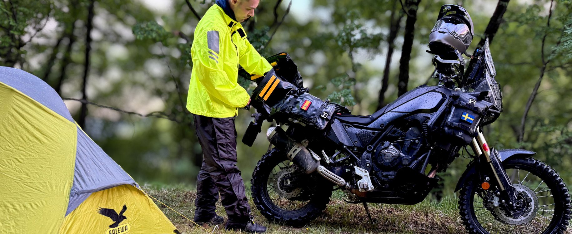 The ragnarok waterproof motorcycle soft pannier system is perfect for camping trips.