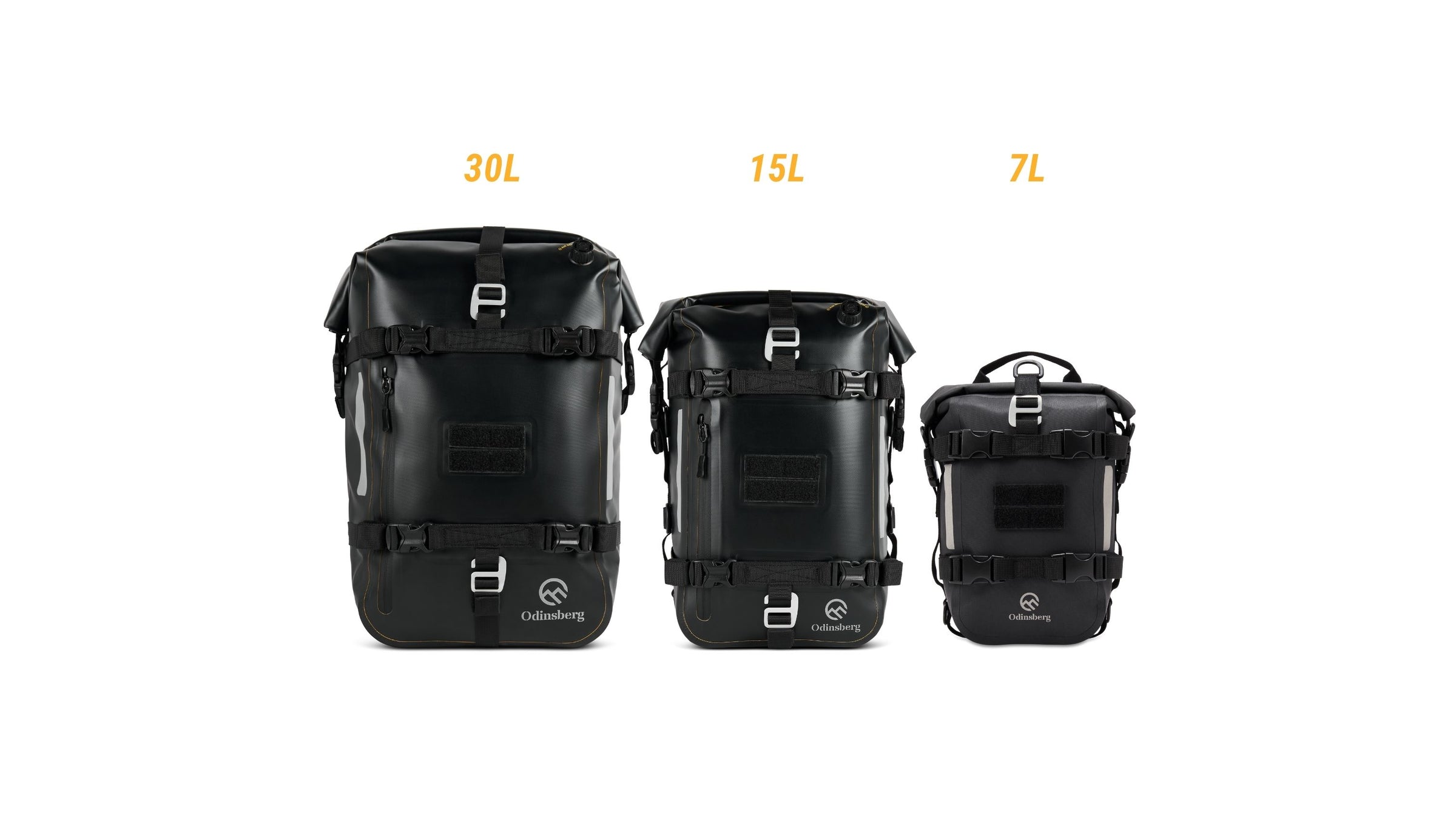 size comparison of the three sizes of the ragnarok moto bags