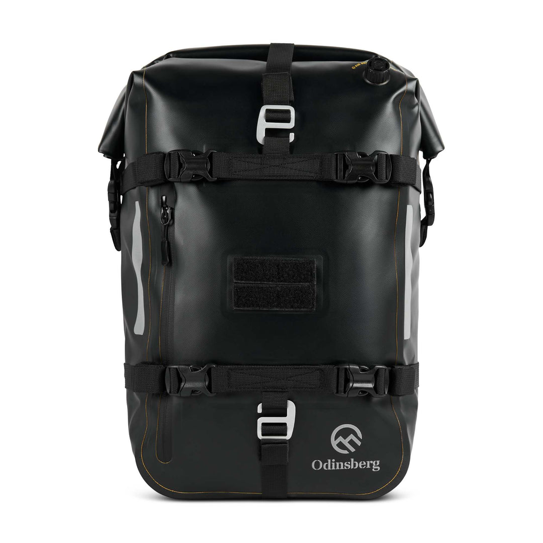 Front view of ODINSBERG Ragnarök 30L motorcycle dry bag in black