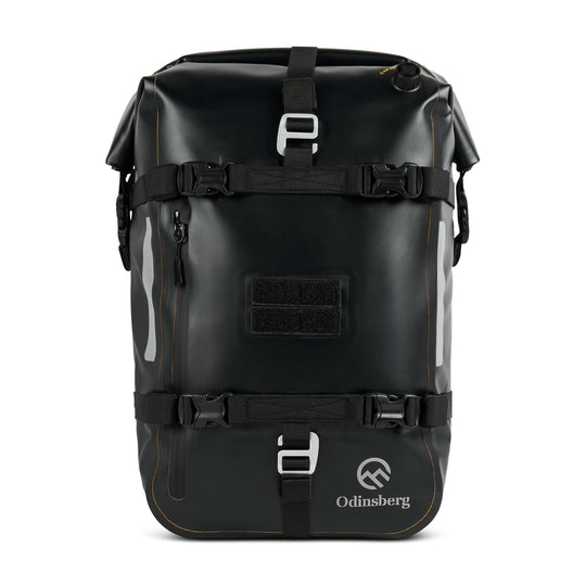 Front view of ODINSBERG Ragnarök 30L motorcycle dry bag in black