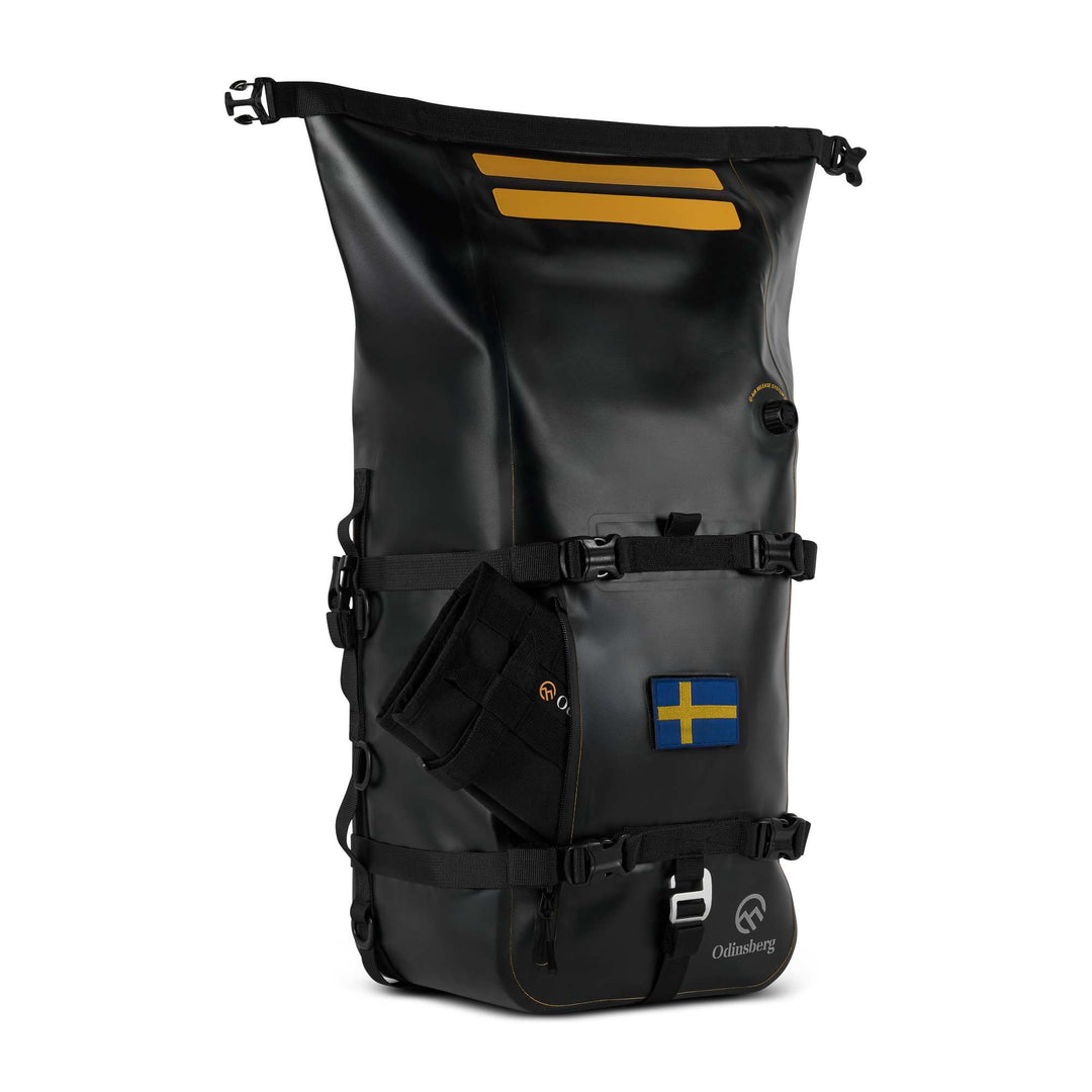 open view showing rolltop design of ODINSBERG Ragnarök 30L motorcycle dry pack