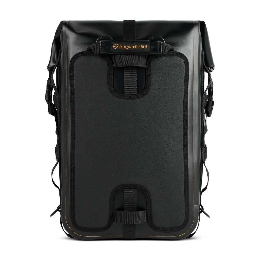 Back view of ODINSBERG Ragnarök 30L rolltop motorcycle gear bag