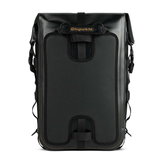 Back view of ODINSBERG Ragnarök 30L rolltop motorcycle gear bag