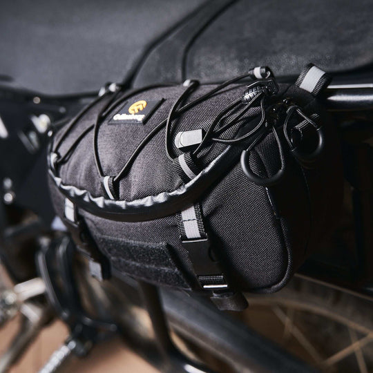 Valhalla 3L Bar Bag mounted on motorcycle handlebar