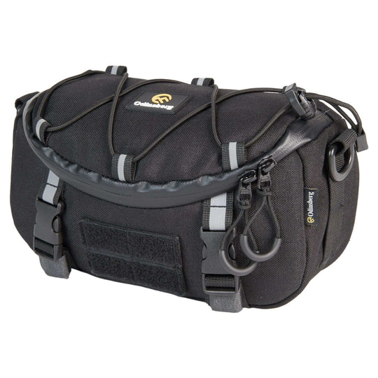 Valhalla 3L Bar Bag mounted on motorcycle handlebars for easy access to daily essentials