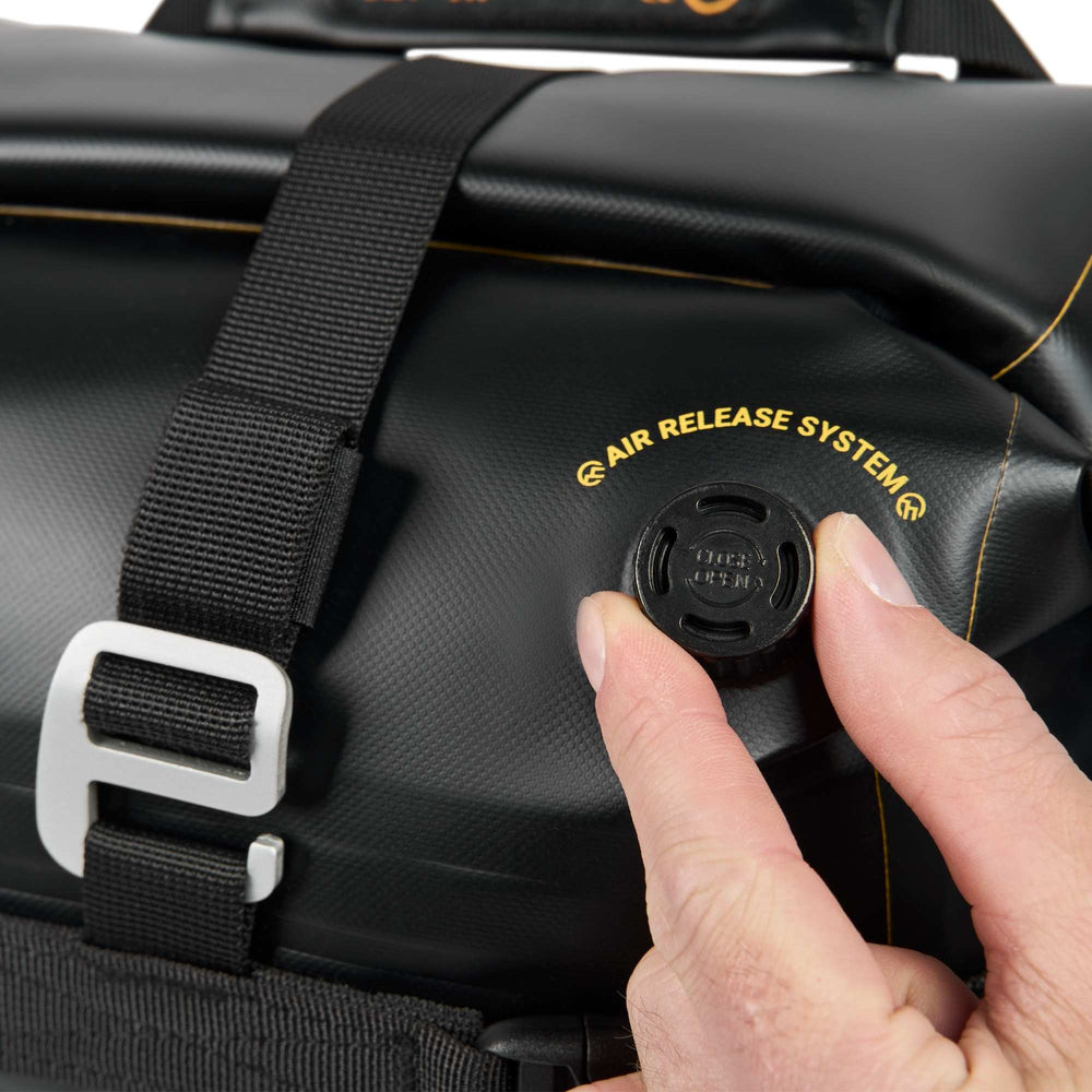 Close-up of air release valve on ODINSBERG Ragnarök motorcycle dry bag